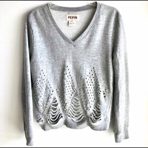 Anthropologie for Pepin Heather Gray‎ Distressed Boho Sweatshirt Retail $150